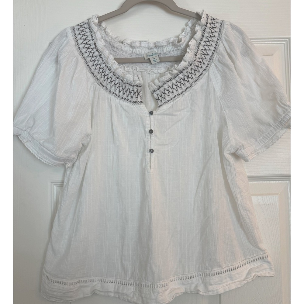 Sundance Gauze Peasant Top White 100%‎ Cotton Smocked Eyelet Boho Granola Girl M